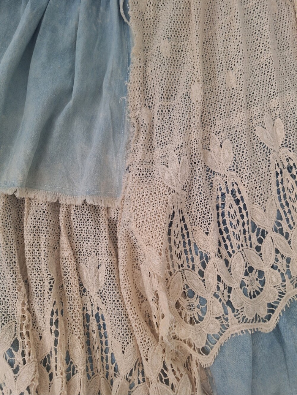 A Rare Bird Boho Chic Frayed Denim & Crochet Lace Layered Skirt Pants XL - Picture 5 of 11